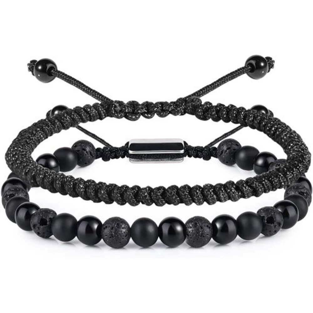 Black Beaded Bracelet Set Mens Obsidian Onyx Lava Stone Adjustable Jewelry
